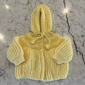 Cozy Yellow Knit baby Jacket sweater hooded Handmade 12 mo